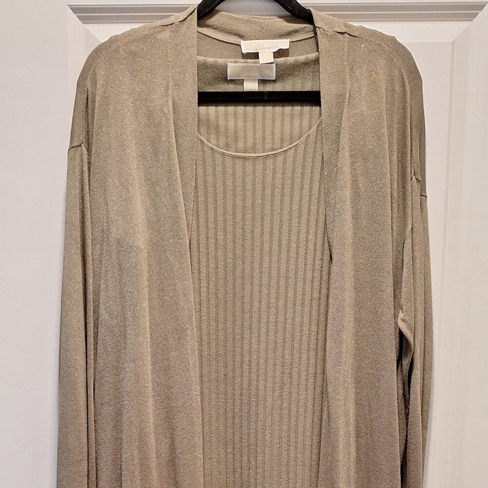 Michael Kors sleeveless dress with duster sweater, XL, olive/gold